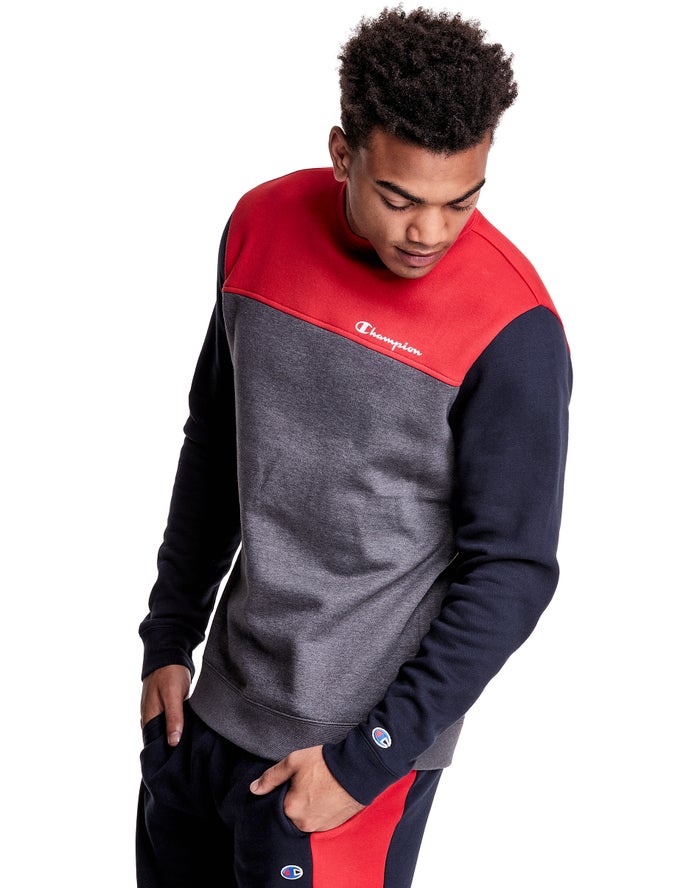 Champion Colorblock Fleece Crew Sweatshirt Heren - Grijs/Rood - Belgie 8314BKICX